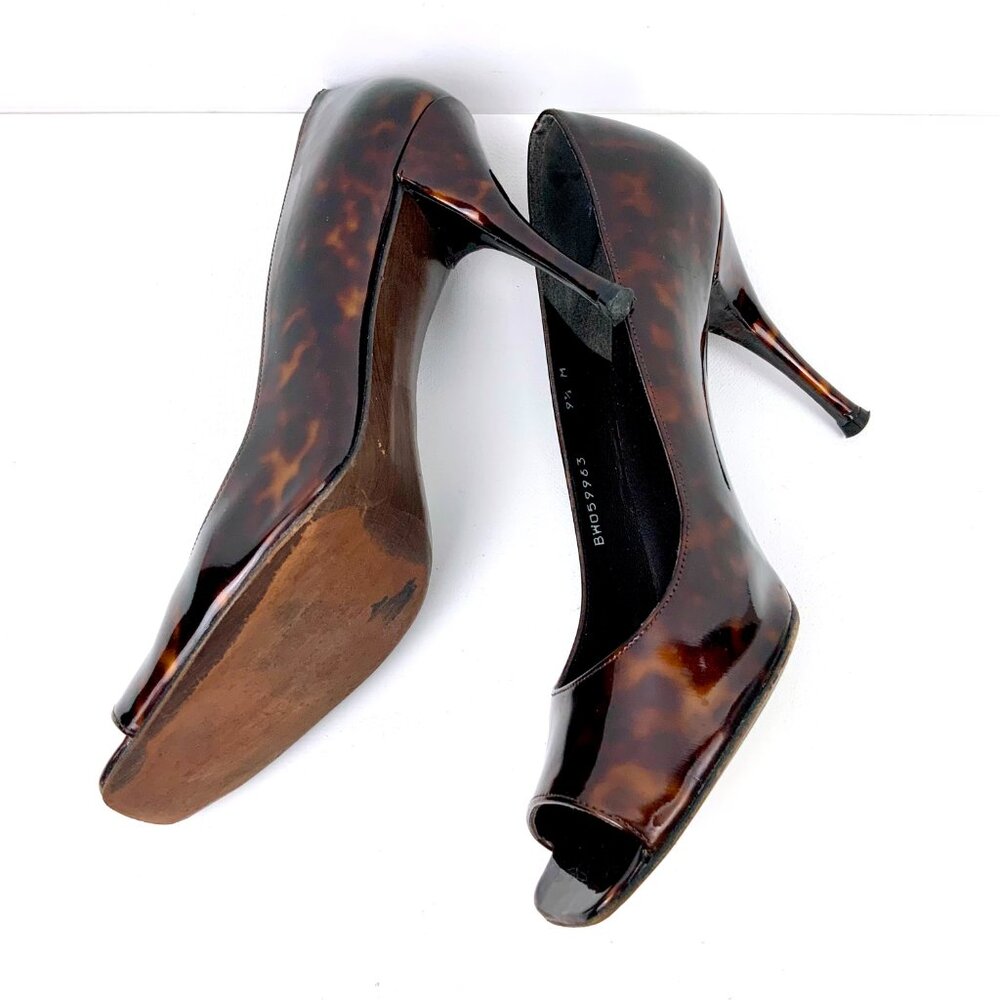 Stuart Weitzman Brown Patent Leather Tortoise Shell Peep Toe Pumps Size 9.5M - Picture 8 of 16